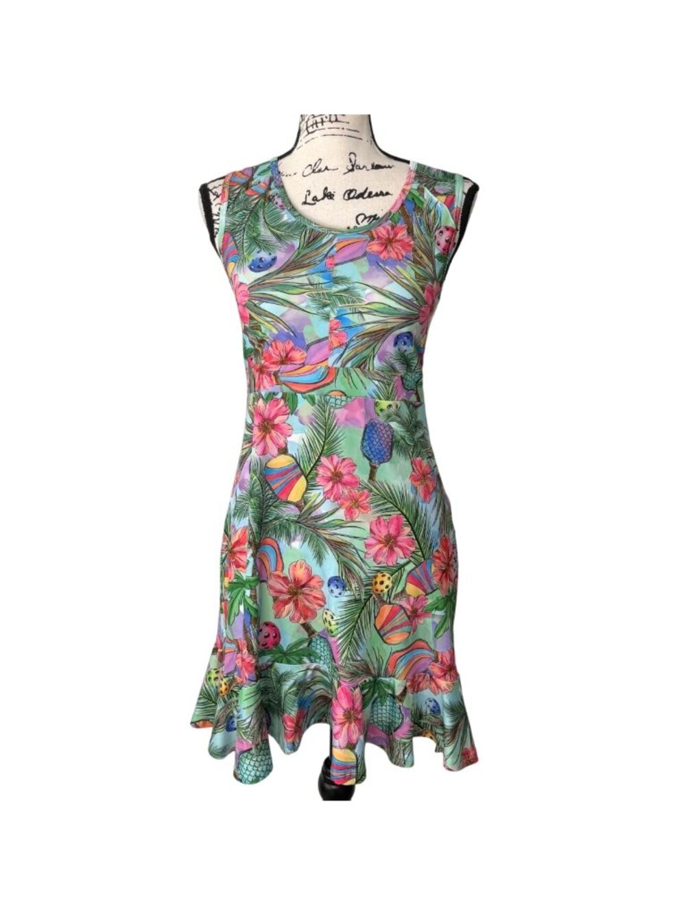 Dona Jo Womens Size S Dress Tropical Pickleball Print Sleeveless Ruffle Hemline